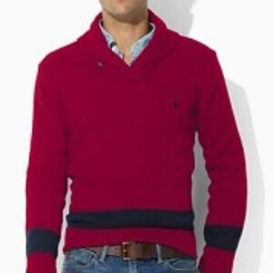 Polo by Ralph Lauren Vtg Men's Shawl Collar Sweater in Red and Navy, Size L